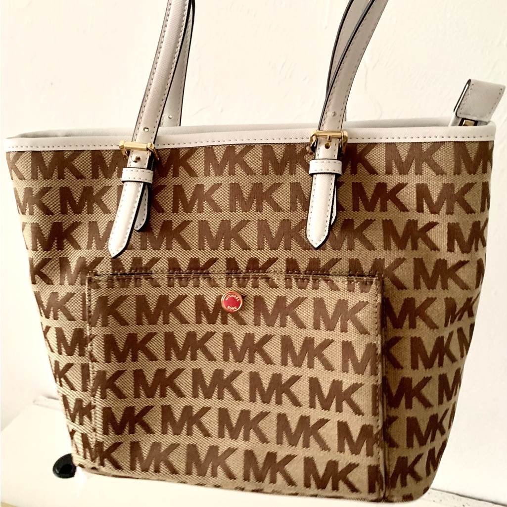 Michael Kors Brown Signature Bag Monogram Tote Gold Hardware And White Trim New